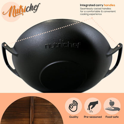 Cast Iron Wok 5.8 Qt Even Heat Pre-Seasoned with Wooden Lid
