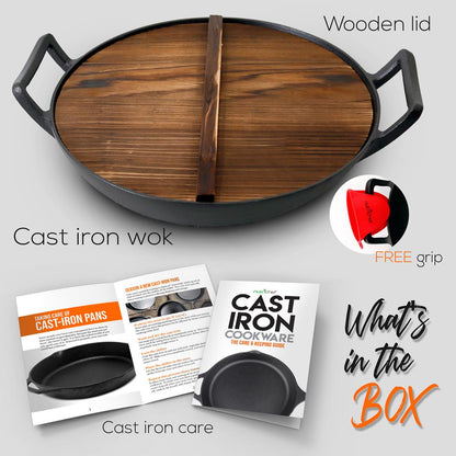 Cast Iron Wok 5.8 Qt Even Heat Pre-Seasoned with Wooden Lid
