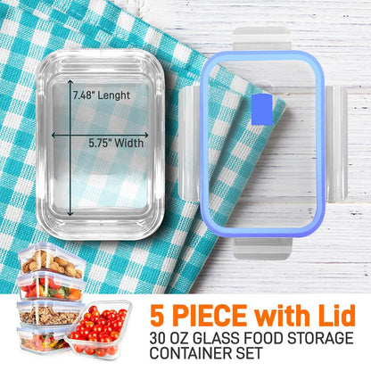 Glass Food Storage Set 10-Piece Leak-Proof Borosilicate Blue Lids