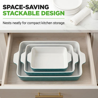 3-Piece Ceramic Casserole Set, Non-Stick, Oven Safe, Aqua