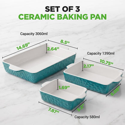 3-Piece Ceramic Casserole Set, Non-Stick, Oven Safe, Aqua