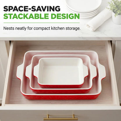 3-Piece Ceramic Casserole Set, Nonstick, Oven Safe, Red