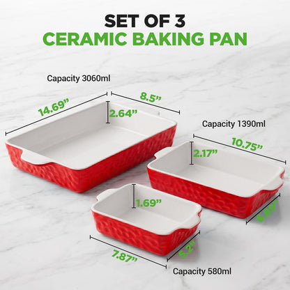 3-Piece Ceramic Casserole Set, Nonstick, Oven Safe, Red