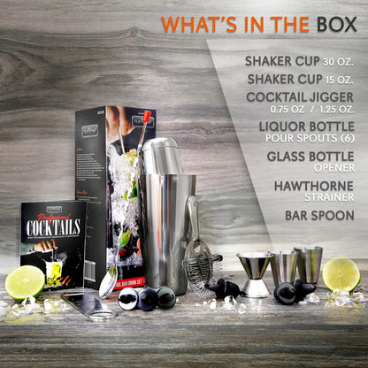 Cocktail Shaker Set 15 Pcs - Stainless Steel, Dishwasher Safe, Silver