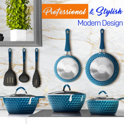 11 Pc Non-Stick Cookware Set, Even Heat Ceramic Coating, Royal Blue