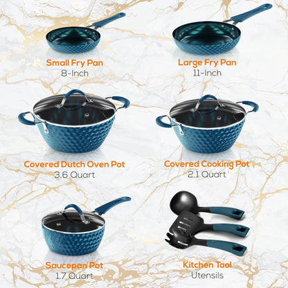 11 Pc Non-Stick Cookware Set, Even Heat Ceramic Coating, Royal Blue