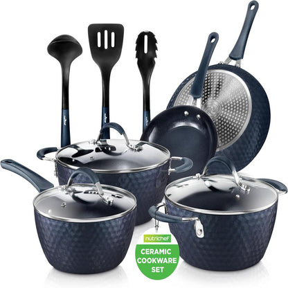 11 Pc Nonstick Cookware Set - Even Heat Ceramic Coating, Blue