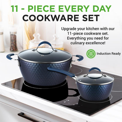 11 Pc Nonstick Cookware Set - Even Heat Ceramic Coating, Blue