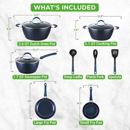 11 Pc Nonstick Cookware Set - Even Heat Ceramic Coating, Blue