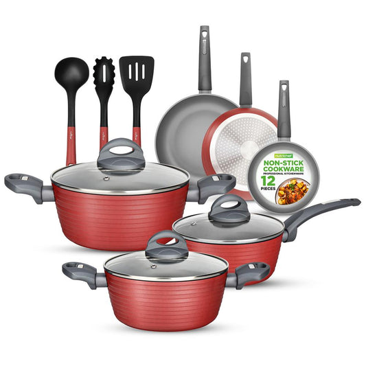12-Piece Nonstick Cookware Set, Even Heat, Red, PFOA/PFOS-Free