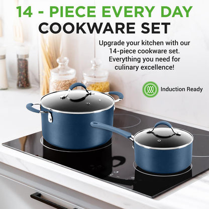 14-Piece Cookware Set - Even Heat Non-Stick Coating, Navy Blue