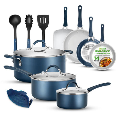 14-Piece Cookware Set - Even Heat Non-Stick Coating, Navy Blue