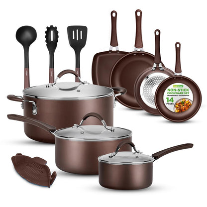 14-Piece Nonstick Cookware Set - Even Heat, Scratch-Resistant, Brown