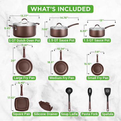 14-Piece Nonstick Cookware Set - Even Heat, Scratch-Resistant, Brown