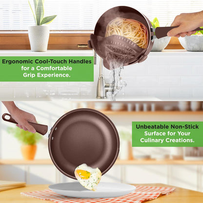 14-Piece Nonstick Cookware Set - Even Heat, Scratch-Resistant, Brown