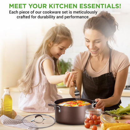 14-Piece Nonstick Cookware Set - Even Heat, Scratch-Resistant, Brown