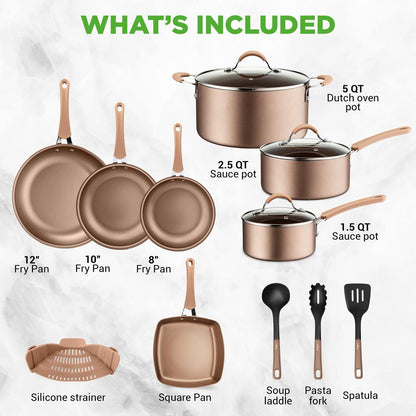 14-Piece Nonstick Cookware Set, Even Heat, Golden