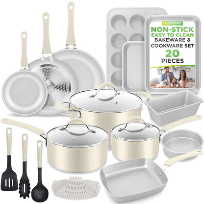 20-Piece Non-Stick Cookware Set, Easy-Clean Aluminum, White