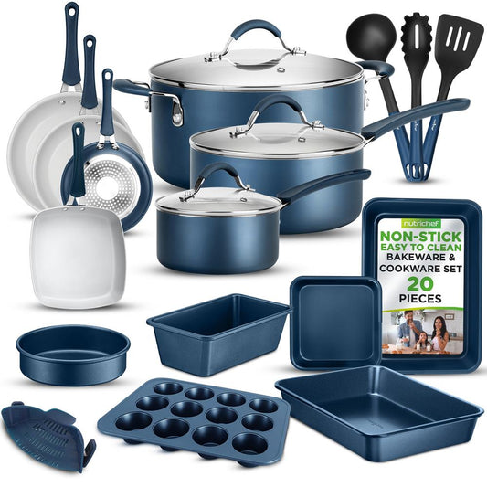 20 Pc Kitchen Set - Even Cooking Non-Stick Coating, Navy Blue