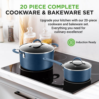 20 Pc Kitchen Set - Even Cooking Non-Stick Coating, Navy Blue
