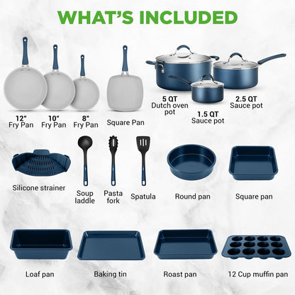 20 Pc Kitchen Set - Even Cooking Non-Stick Coating, Navy Blue