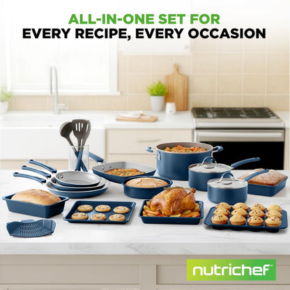 20 Pc Kitchen Set - Even Cooking Non-Stick Coating, Navy Blue