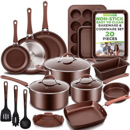 20-Piece Non-Stick Cookware Set, Even Heat, Cool-Touch Handles, Brown