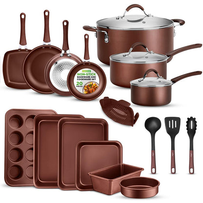 20-Piece Non-Stick Cookware Set, Even Heat, Cool-Touch Handles, Brown