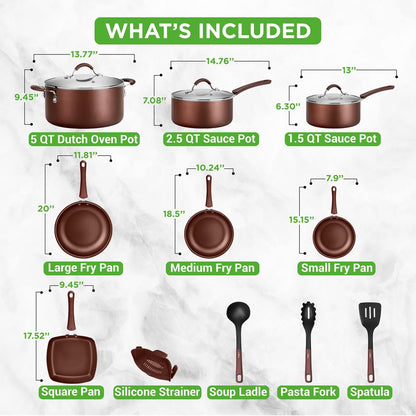 20-Piece Non-Stick Cookware Set, Even Heat, Cool-Touch Handles, Brown