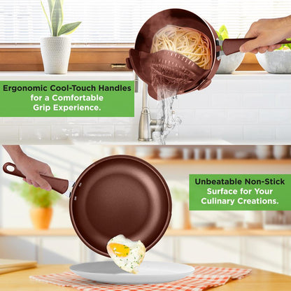 20-Piece Non-Stick Cookware Set, Even Heat, Cool-Touch Handles, Brown