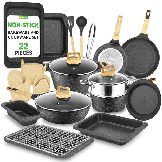 22-Piece Non-Stick Cookware Set, Even Heat, Marble Coating, Black