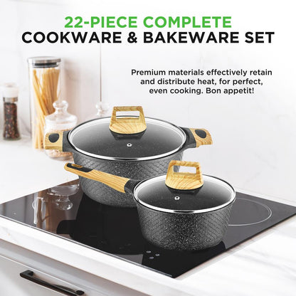 22-Piece Non-Stick Cookware Set, Even Heat, Marble Coating, Black