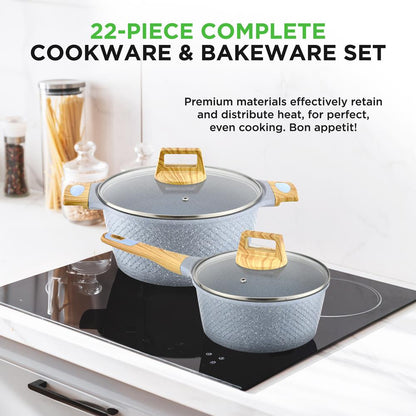 22-Piece Cookware Set, Non-Stick Marble Coating, Moon Grey