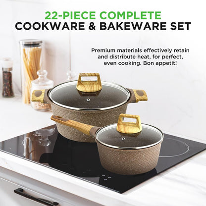 22-Piece Non-Stick Cookware Set, Even Heat, Marble Coating, Maroon