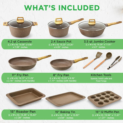 22-Piece Non-Stick Cookware Set, Even Heat, Marble Coating, Maroon