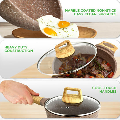 22-Piece Non-Stick Cookware Set, Even Heat, Marble Coating, Maroon