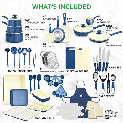 54-Piece Cookware Set, Even Heat Ceramic Non-Stick, Blue Gray
