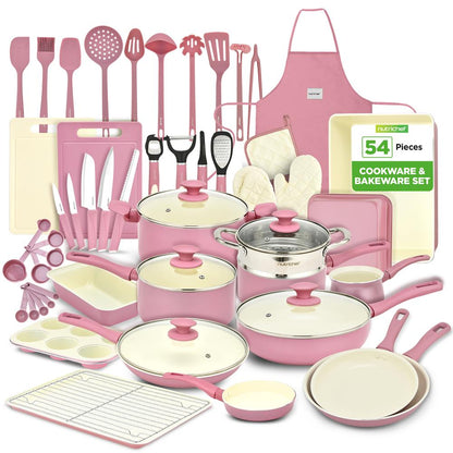 54-Piece Non-Stick Cookware Set, Even Heat Ceramic, Blush Pink