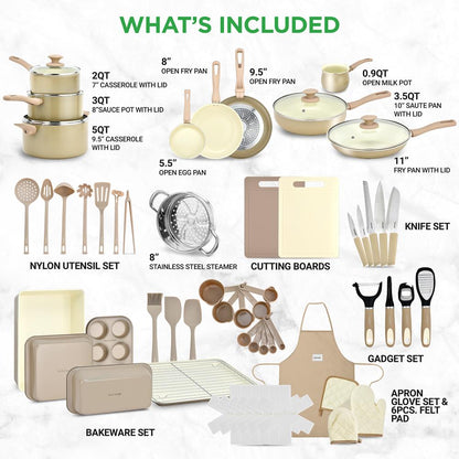 54-Piece Non-Stick Cookware Set, Even Heat Ceramic Coating, Taupe Brown