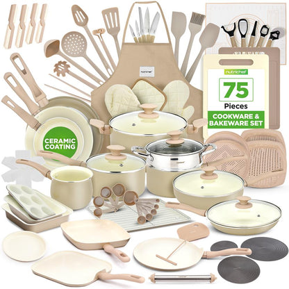 75-Piece Non-Stick Cookware Set, Ceramic Coating, Cream/Brown