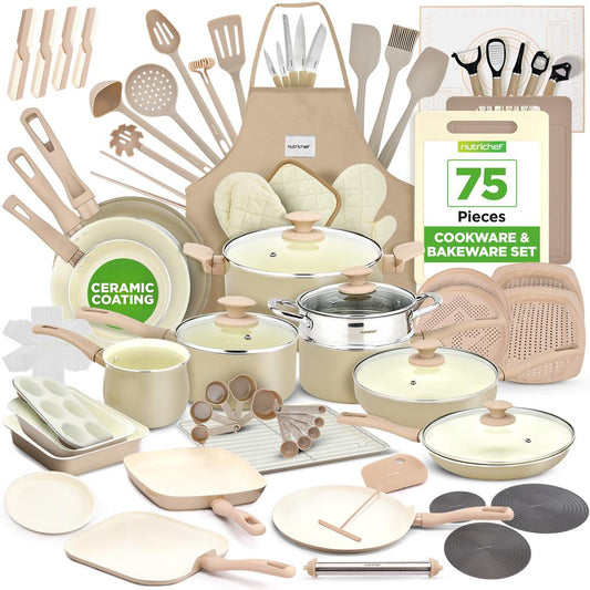 75-Piece Non-Stick Cookware Set, Ceramic Coating, Cream/Brown