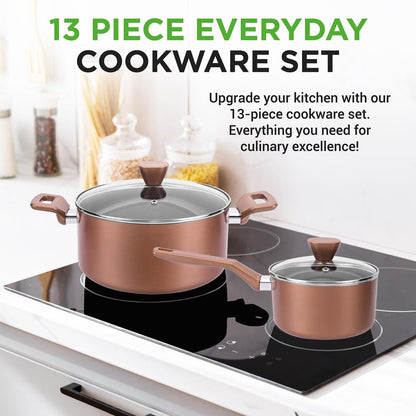 13-Piece Nonstick Cookware Set, Even Heat, Durable Coating, Brown