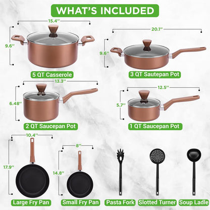 13-Piece Nonstick Cookware Set, Even Heat, Durable Coating, Brown