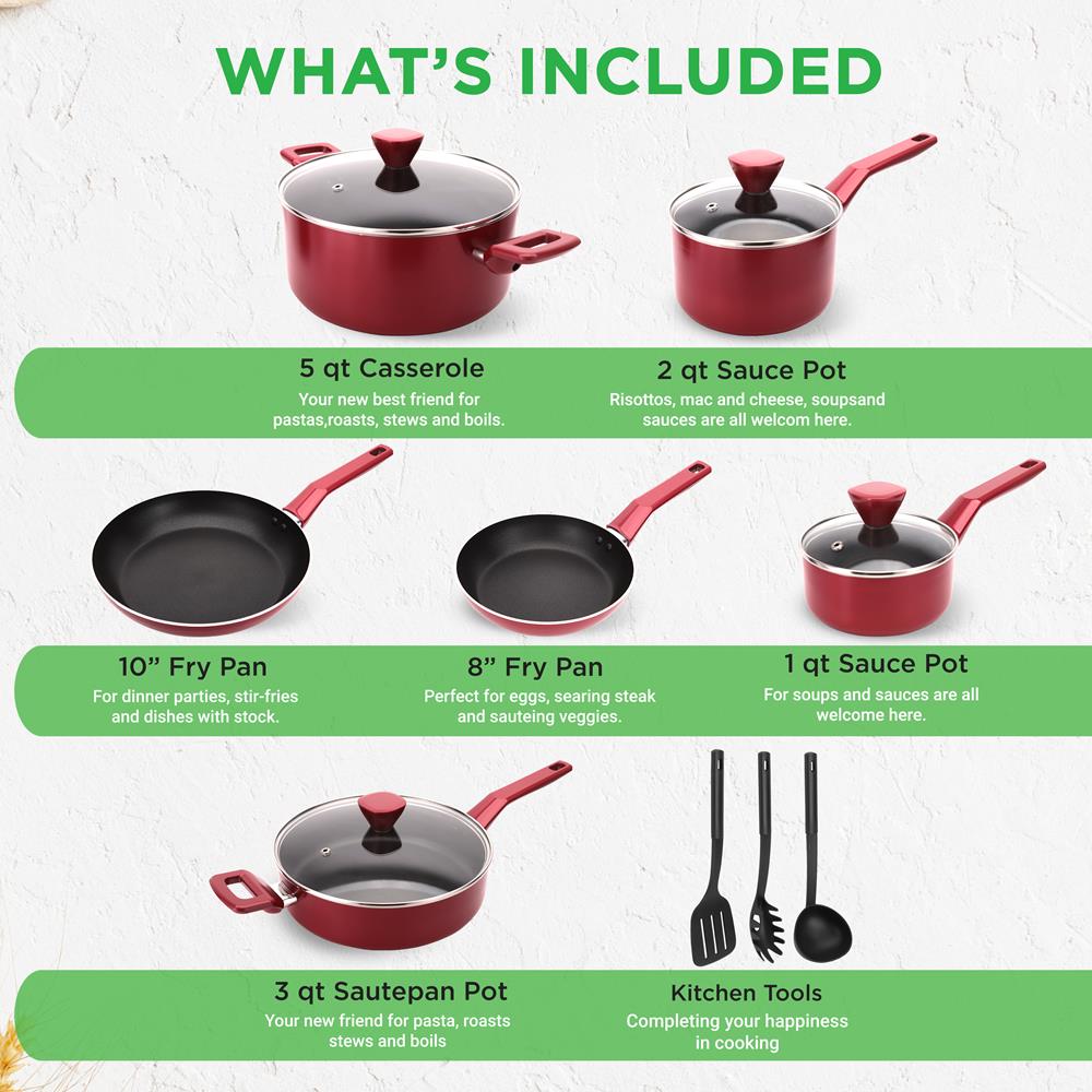 13-Piece Nonstick Cookware Set, Even Heat, Durable Coating, Red