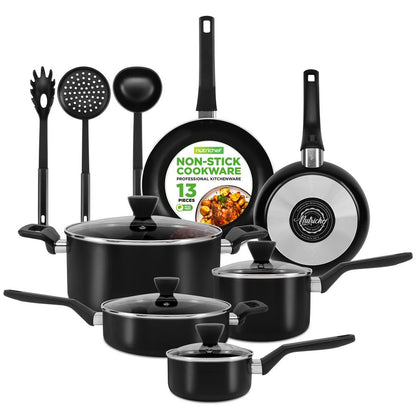 13-Piece Nonstick Cookware Set - Even Heat, Durable Coating, Glass Lids