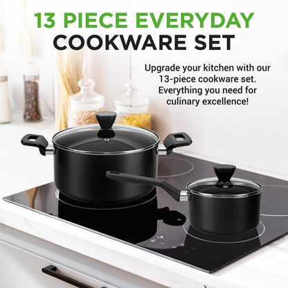 13-Piece Nonstick Cookware Set - Even Heat, Durable Coating, Glass Lids