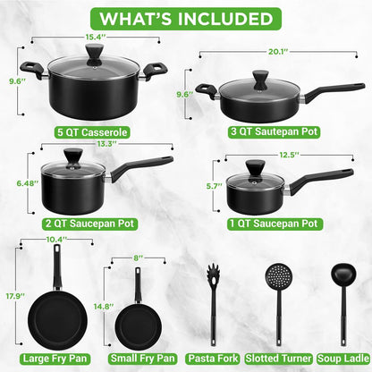 13-Piece Nonstick Cookware Set - Even Heat, Durable Coating, Glass Lids