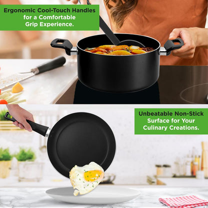 13-Piece Nonstick Cookware Set - Even Heat, Durable Coating, Glass Lids