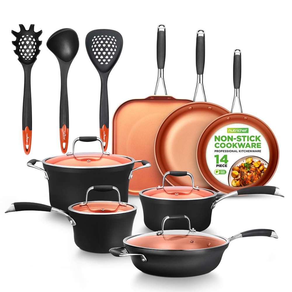 14-Piece Non-Stick Cookware Set - Even Heat, Copper Coating