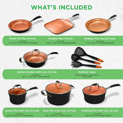 14-Piece Non-Stick Cookware Set - Even Heat, Copper Coating, Silicone Handles